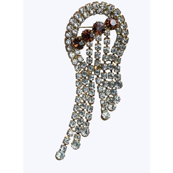 Rhinestone Brooch With Cascading Clear and Amber Crystals Vintage - Picture 5 of 16
